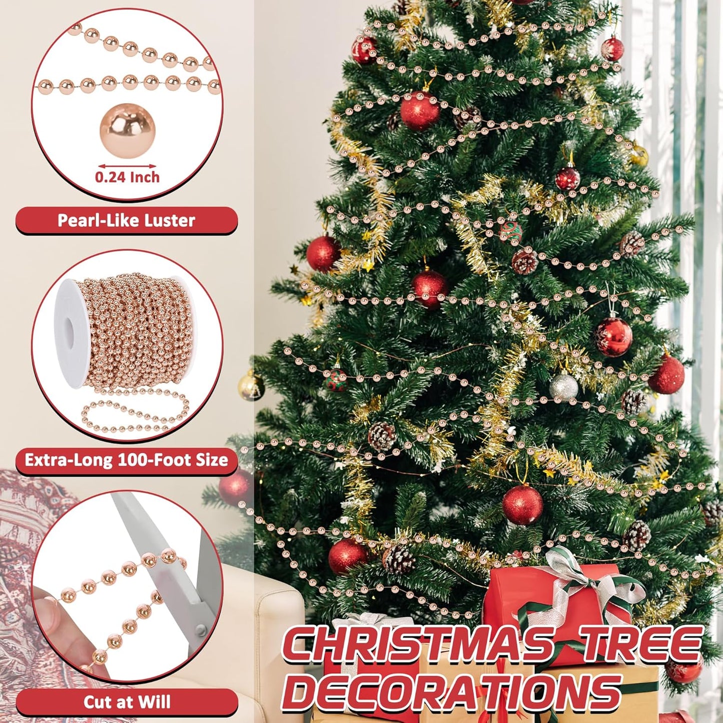 100 Feet Christmas Tree Decor, Rose Gold Christmas Tree Garland, Artificial Beads Strands Chain Xmas Tree Decorations for Xmas DIY Fireplace Curtains Home Party Decor