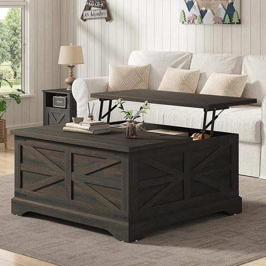 Furnideco 35.5''W Square Coffee Table Farmhouse Lift top Coffee Table by FurnidecoFurniture