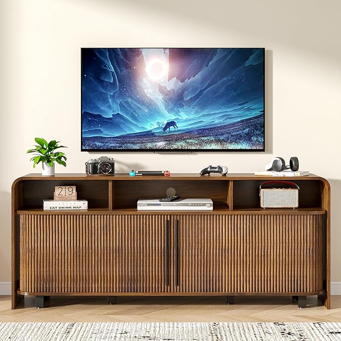 Walnut TV Stand for 65 70 75 Inch TV, Fluted Mid Century Modern TV Console - Image 2