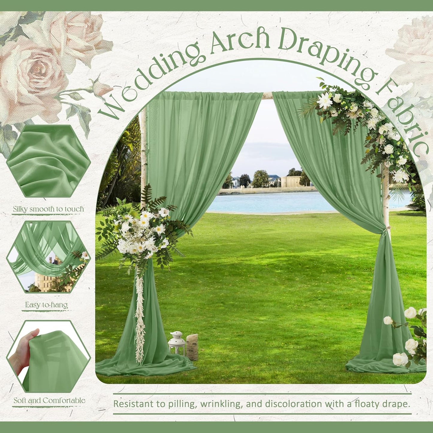 VACVELT Wedding Arch Draping Fabric Sage Green Chiffon, 1 Panel Sheer Drapes 30 Inch x 20ft Chiffon Backdrop Curtain Decor, Outdoor Sheer Drapery for Ceremony Party Ceiling