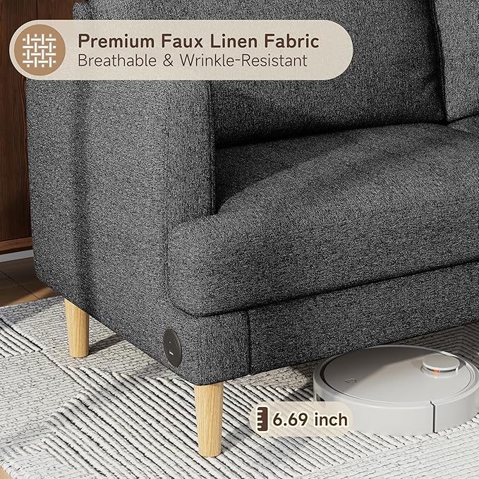 70" Modern Loveseat Sofa with USB Type-C Ports, Linen Fabric 2-Seater Deep Seat - Image 3