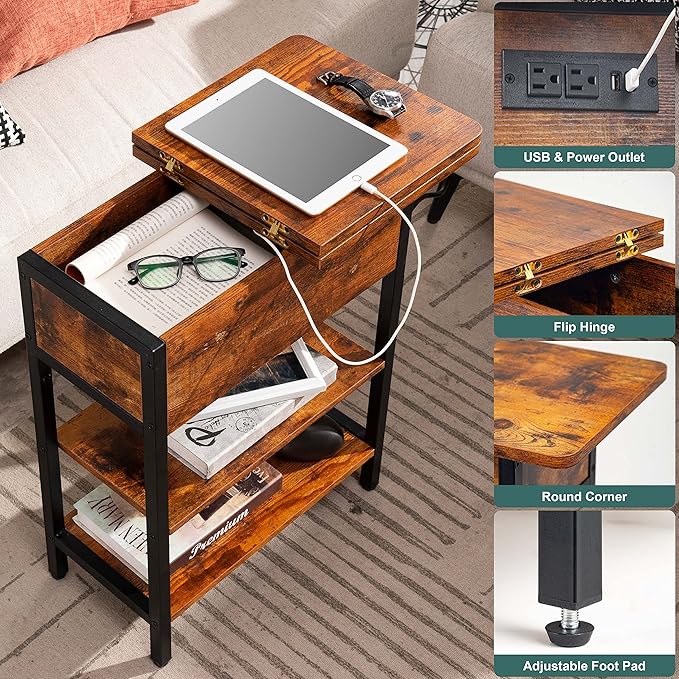 Yoobure End Table with Charging Station, Flip Top Side Table with USB Ports and - Image 4