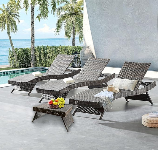 PE Rattan Adjustable Backrest Chaise Lounge Set 3 by Asifom