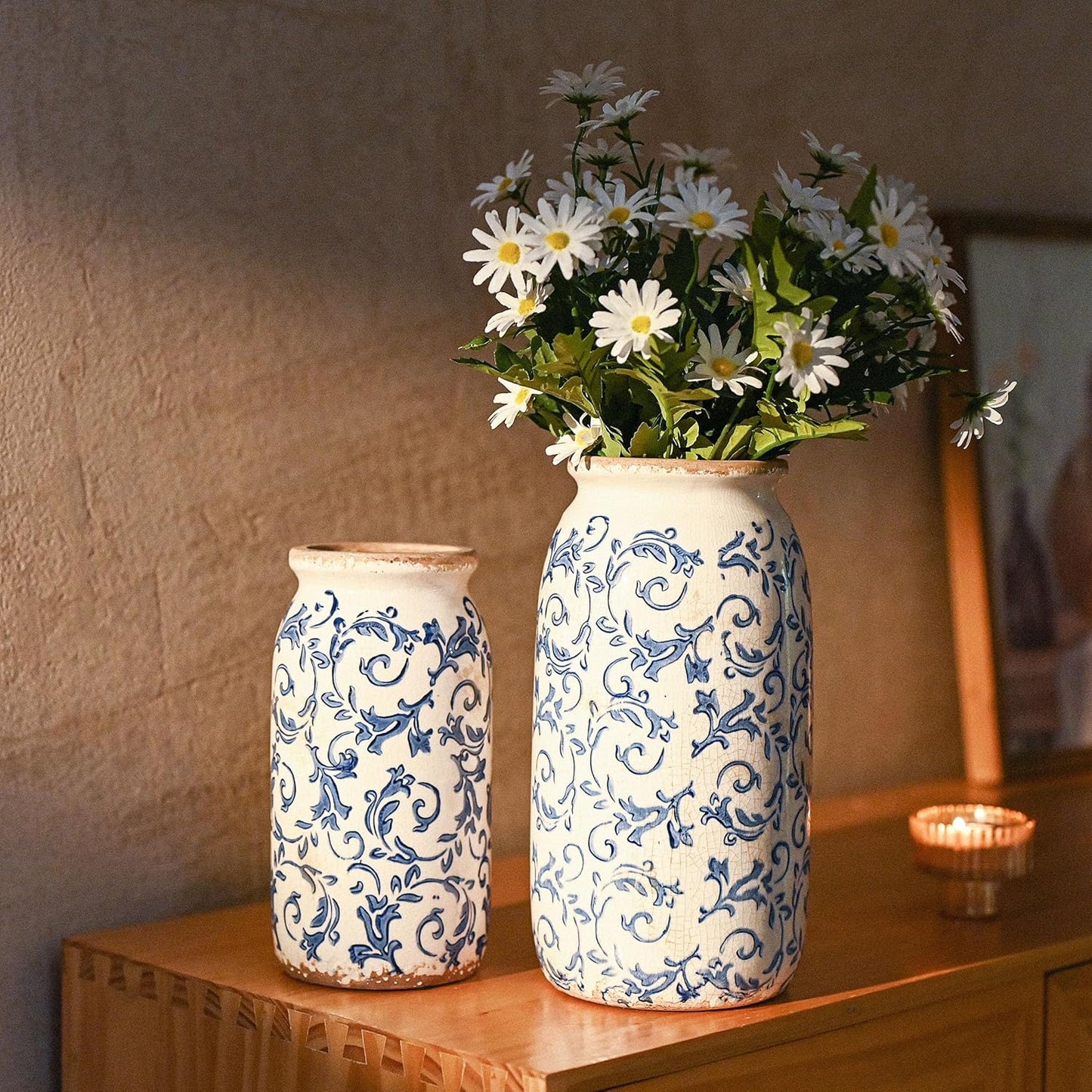 VICTOR & TERESA Rustic Large Blue and White Vase for Home Decor, 10'' Tall Ceramic Vases for Flowers, Farmhouse Decorative Vases for Pampas Grass,Table, Mantel, Living Room, Centerpieces