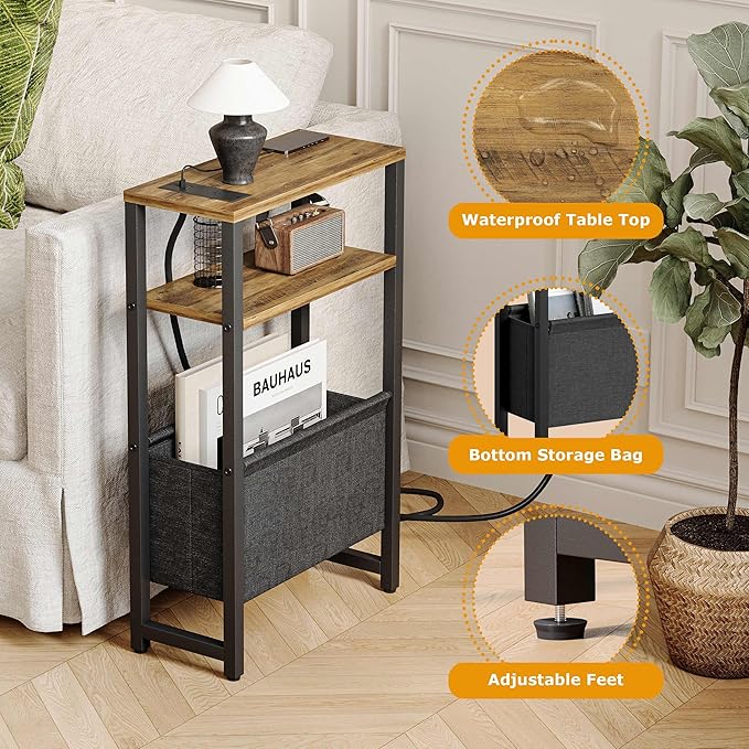 Narrow Side Table with Charging Station Slim End Table Sofa with Magazine Rack - Image 5
