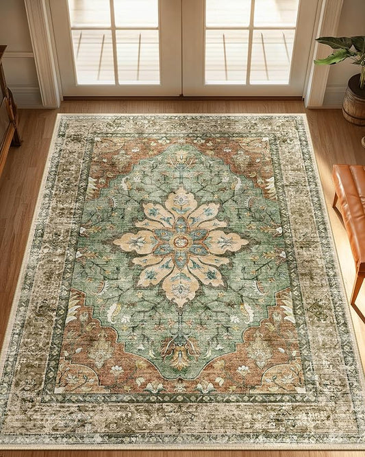 RELEANY Area Rugs 3'x4' Washable Non-Slip, Floral Vintage Distress Print by RELEANY