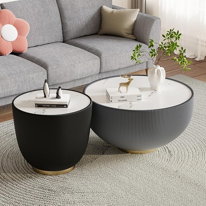 Round Marble Coffee Table Set of 2, 2 Piece White Coffee Table and End Table - Image 3