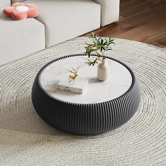 27.55" Round Marble Coffee Table, Modern Fluted Coffee Table - Image 3