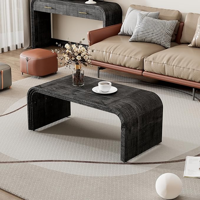 Minimalist Coffee Table with Curved Art Deco Design, Wood Rectangle Center Table by SIYSNKSI