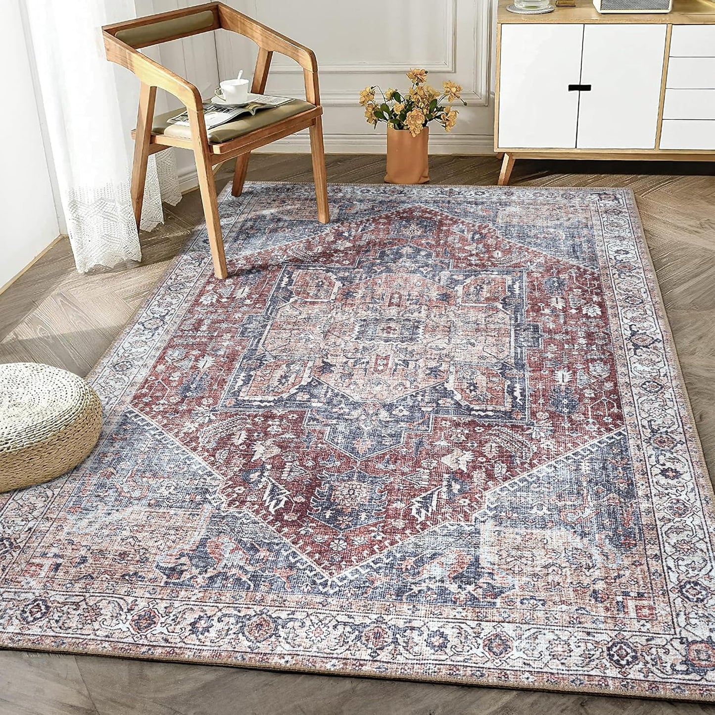 Bloom Rugs Washable Non-Slip 5' x 7' Rug - Red/Blue Traditional Medallion Area Rug for Living Room, Bedroom, Dining Room, and Kitchen - Exact Size: 5' x 7'