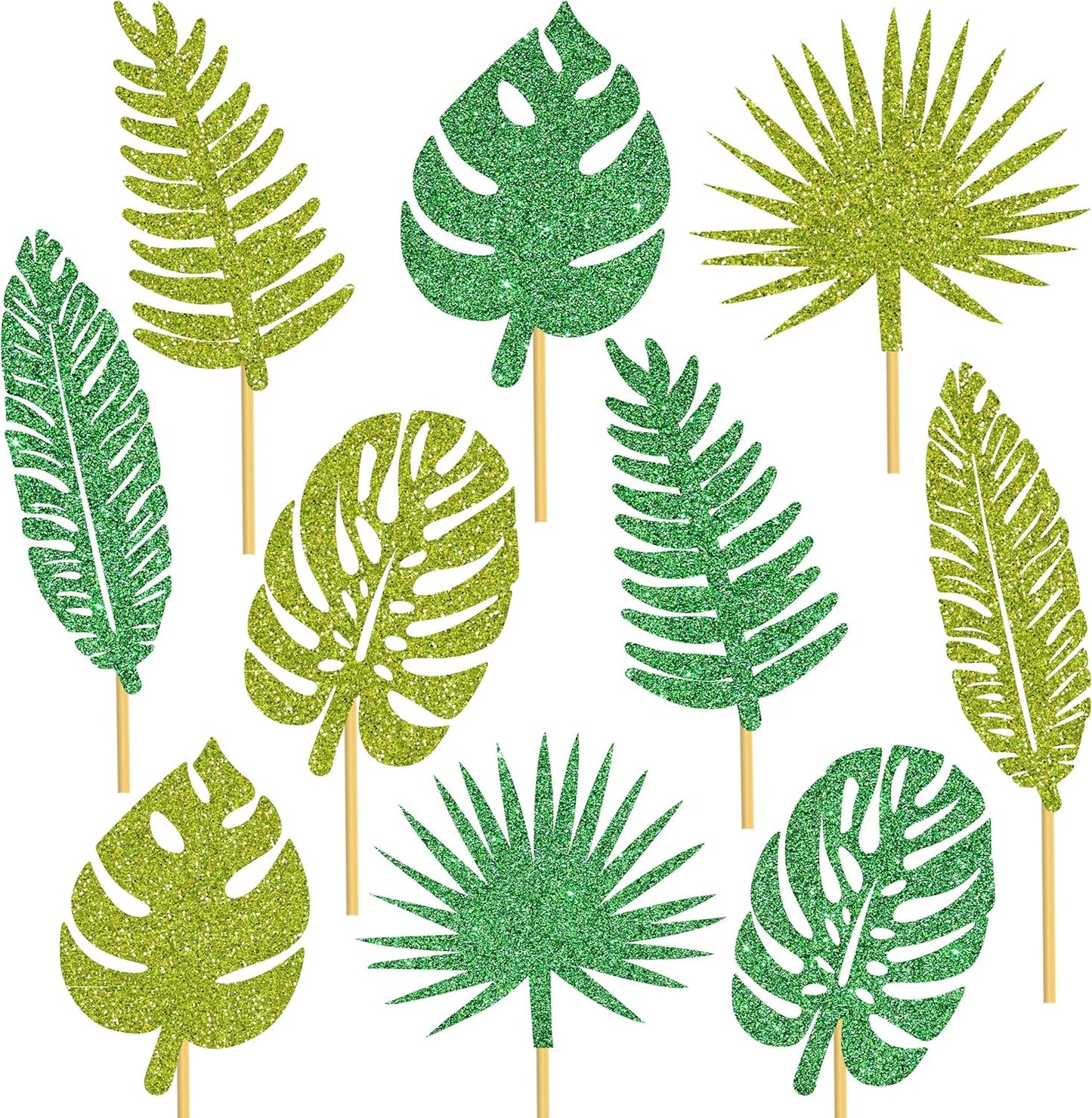20pcs Glitter Tropical Leaves Centerpiece Decorations for Table Green Palm Leaf Theme Centerpiece Sticks Hawaiian Luau Birthday Decorations for Summer Jungle Theme Birthday Party Baby Shower Supplies