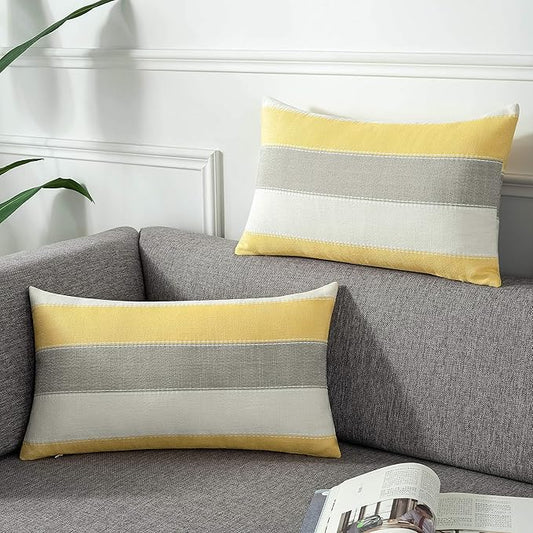 AmHoo Pack of 2 Farmhouse Stripe Check Throw Pillow Covers Set Case Cotton by AmHootextile