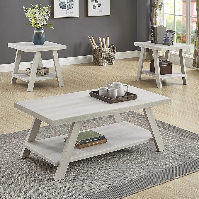 Roundhill Furniture Athens Contemporary 3-Piece Wood Shelf Coffee Table Set - Image 2