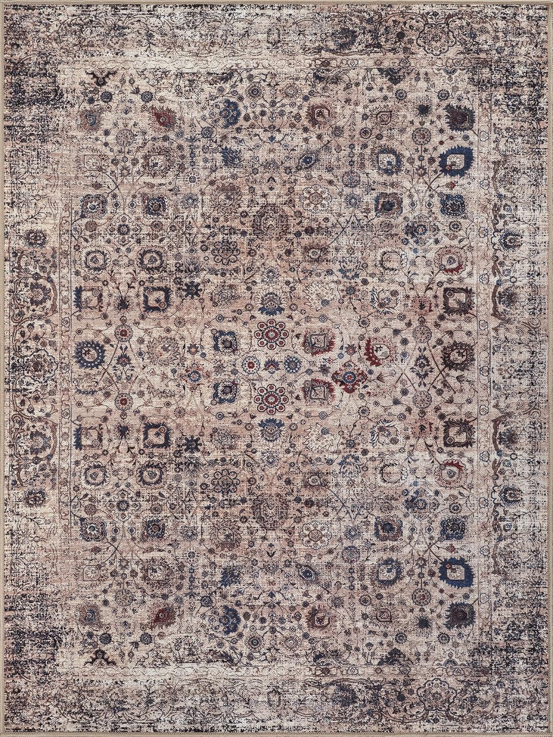 Bloom Rugs Washable Non-Slip 9' x 12' Rug - Light Tan/Blue Traditional Oriental Area Rug for Living Room, Bedroom, Dining Room, and Kitchen - Exact Size: 9' x 12'