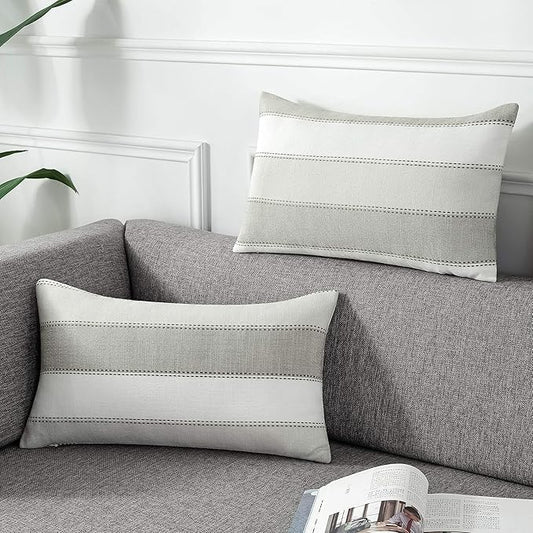 AmHoo Pack of 2 Farmhouse Stripe Check Throw Pillow Covers Set Case Cotton by AmHootextile