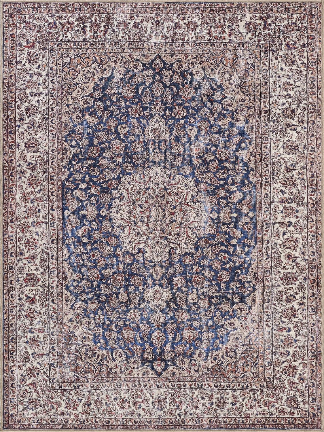 Bloom Rugs Washable Non-Slip 9' x 12' Rug - Dark Blue/Beige Traditional Medallion Area Rug for Living Room, Bedroom, Dining Room, and Kitchen - Exact Size: 9' x 12'