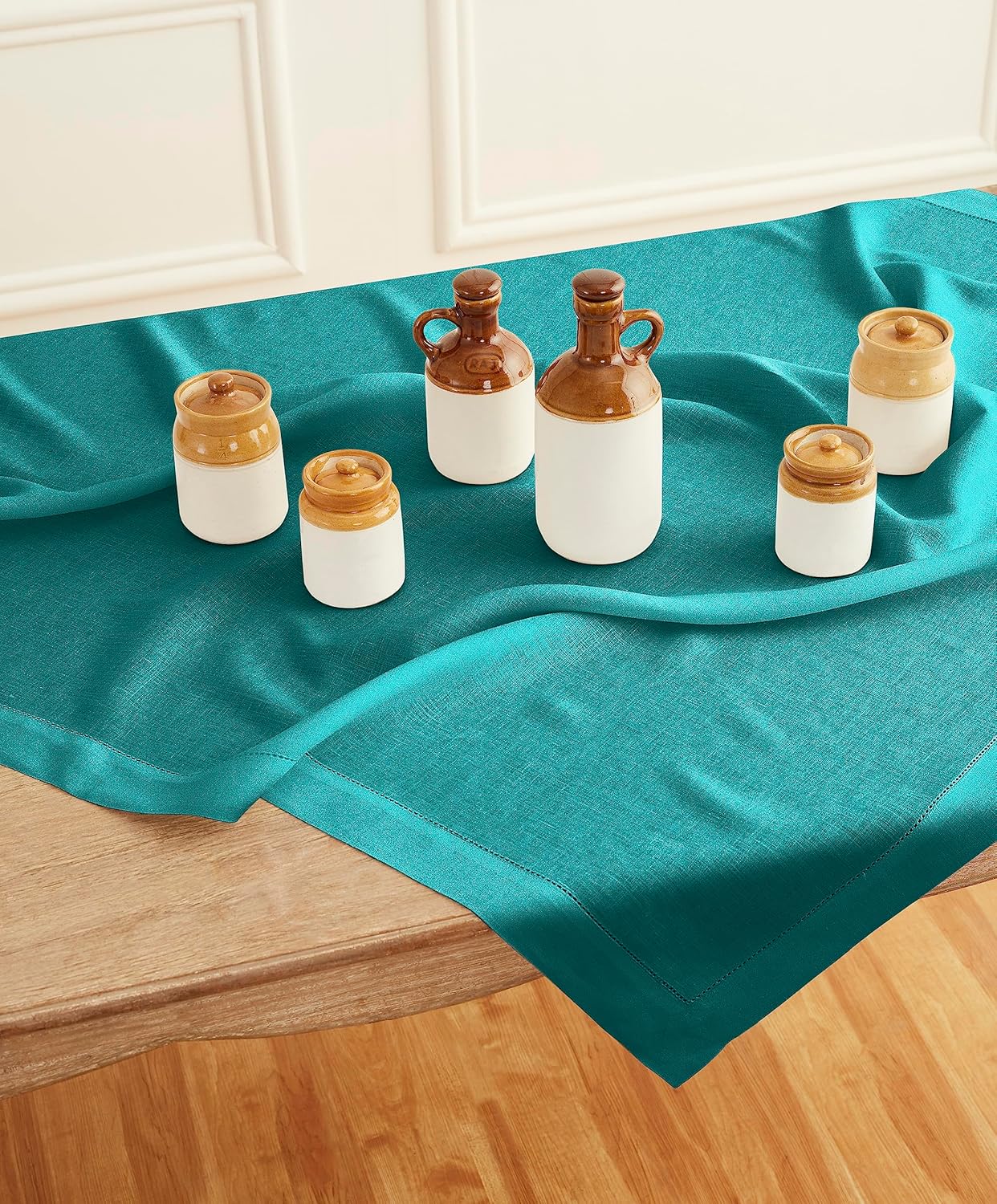 Solino Home Linen Square Tablecloth 52 x 52 Inch - 100% Pure Linen Teal Table Throw - Classic Hemstitch, Machine Washable Table Cloth for Fall, Autumn, Thanksgiving, Christmas