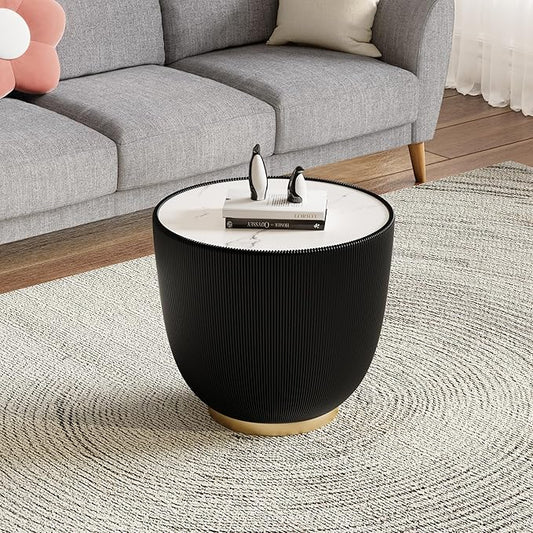 Black Round Side Table, 19.7" Faux Marble Fluted End Table by Henf