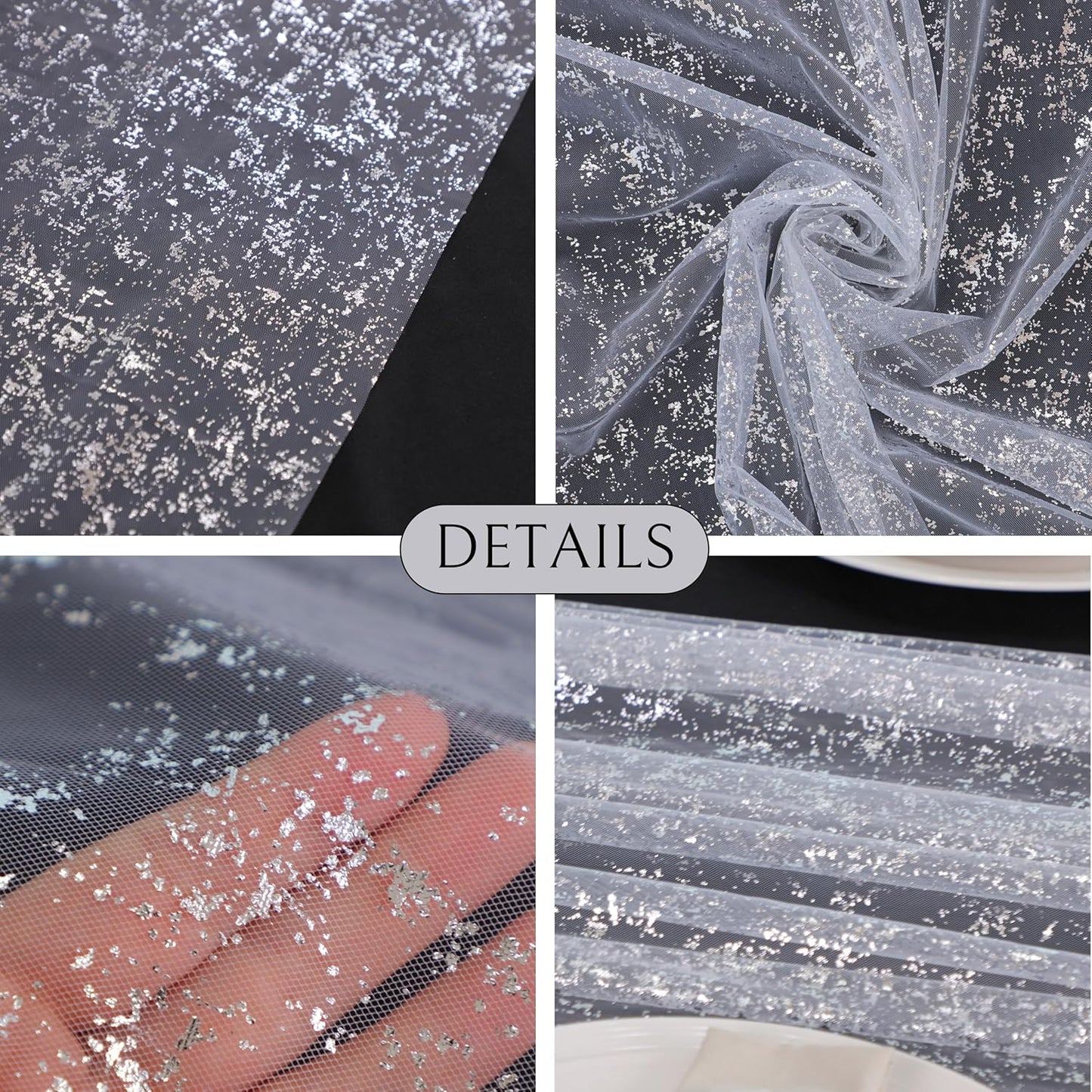 Snowkingdom 3 Pcs 10 FT Silver Cheesecloth Table Runner, 120 Inch Sheer Chiffon Gauze Runner, Sequin Glitter Silver Table Decoration Centerpieces for Wedding Birthday Christmas Bridal Baby Shower