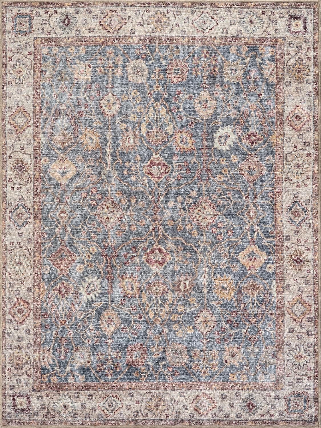 Bloom Rugs Washable Non-Slip 3' x 5' Rug - Beige/Blue Traditional Bordered Area Rug for Living Room, Bedroom, Dining Room, and Kitchen - Exact Size: 3' x 5'