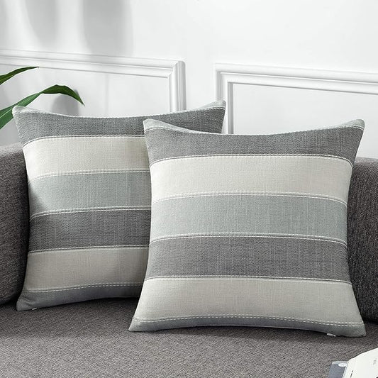 AmHoo Pack of 2 Farmhouse Stripe Check Throw Pillow Covers Set Case Cotton by AmHootextile