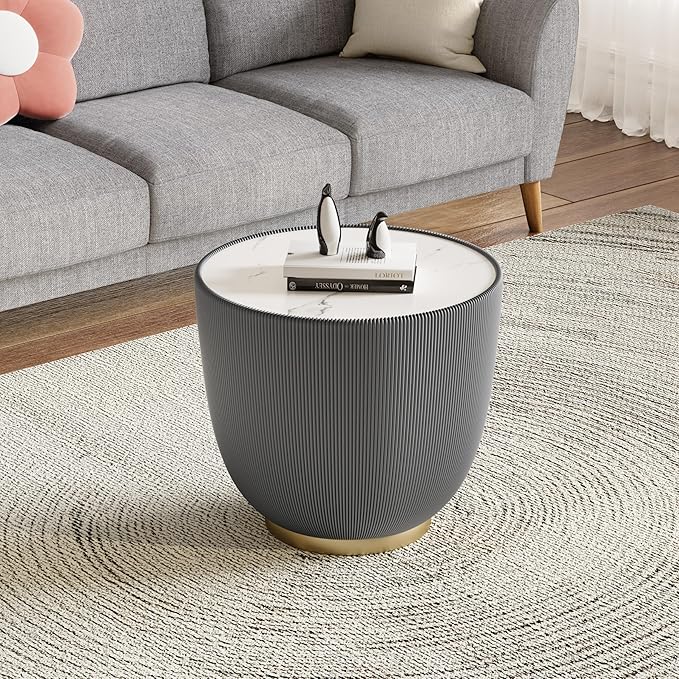 Henf Marble Round Side Table, 19.7" Fluted End Table by Henf
