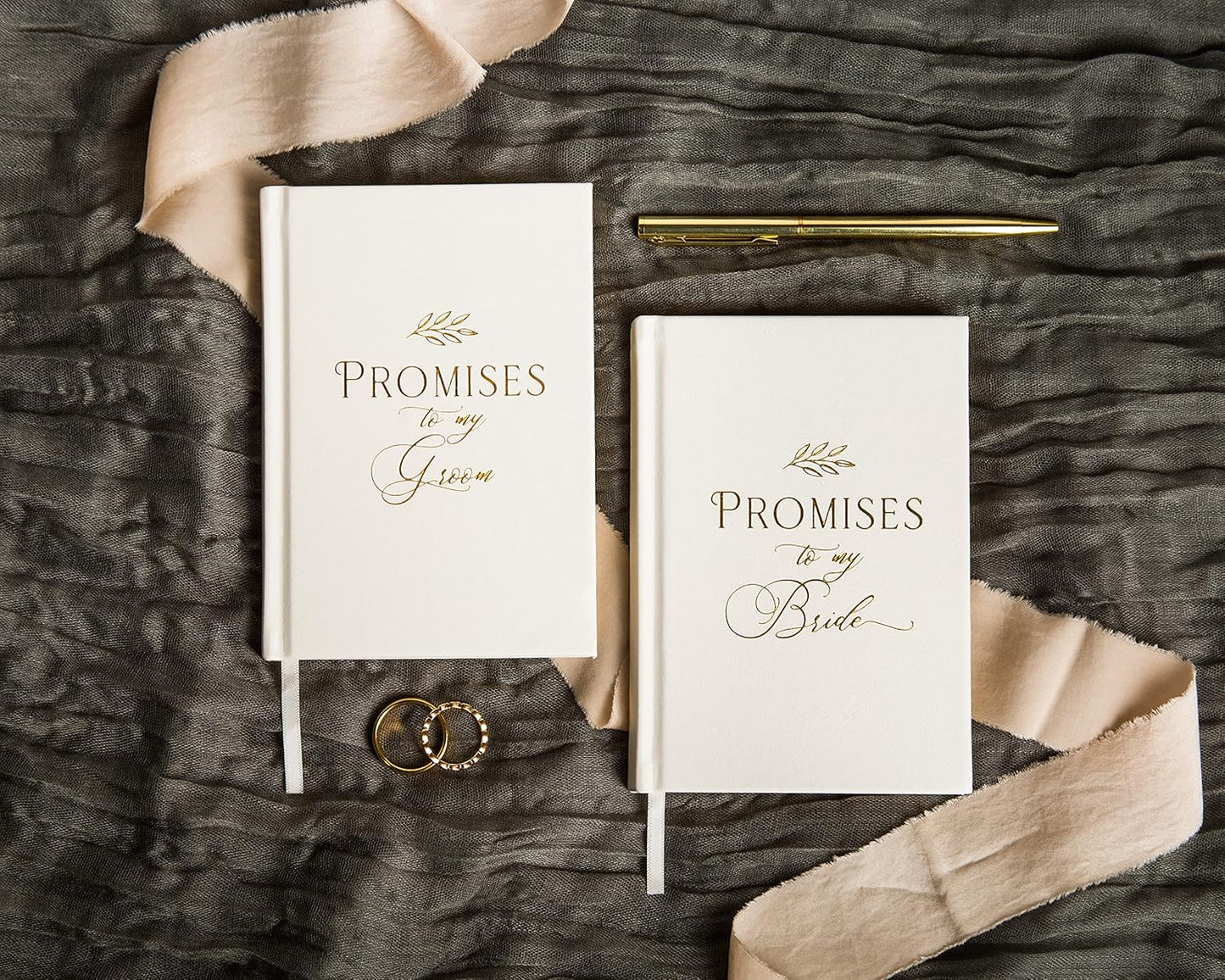 MUUJEE Promises To My Groom and Promises to My Bride Wedding Vow Books (Set of 2) - White Gold Foil Embossed Notebook Journal for Wedding Ceremony Vow Renewal - Wedding Gift Ideas